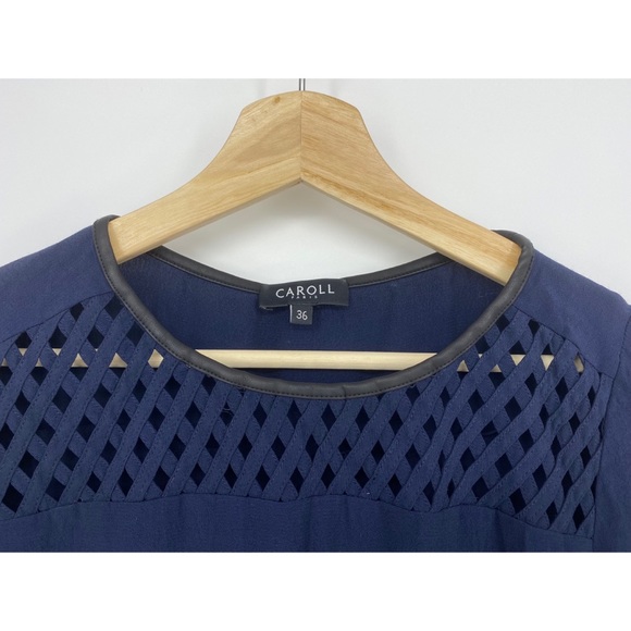 Caroll Navy Blue French Designer Eyelet Cutout Black Piping Neckline Blouse - Picture 3 of 4